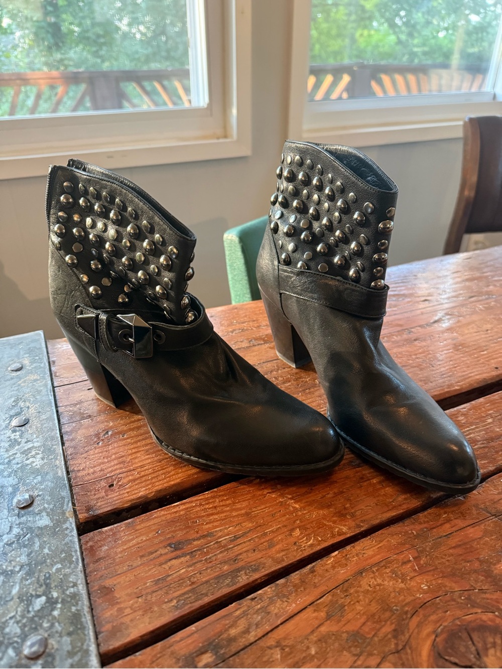 Stuart Weitzman Black Leather Studded Ankle Booties with Buckle